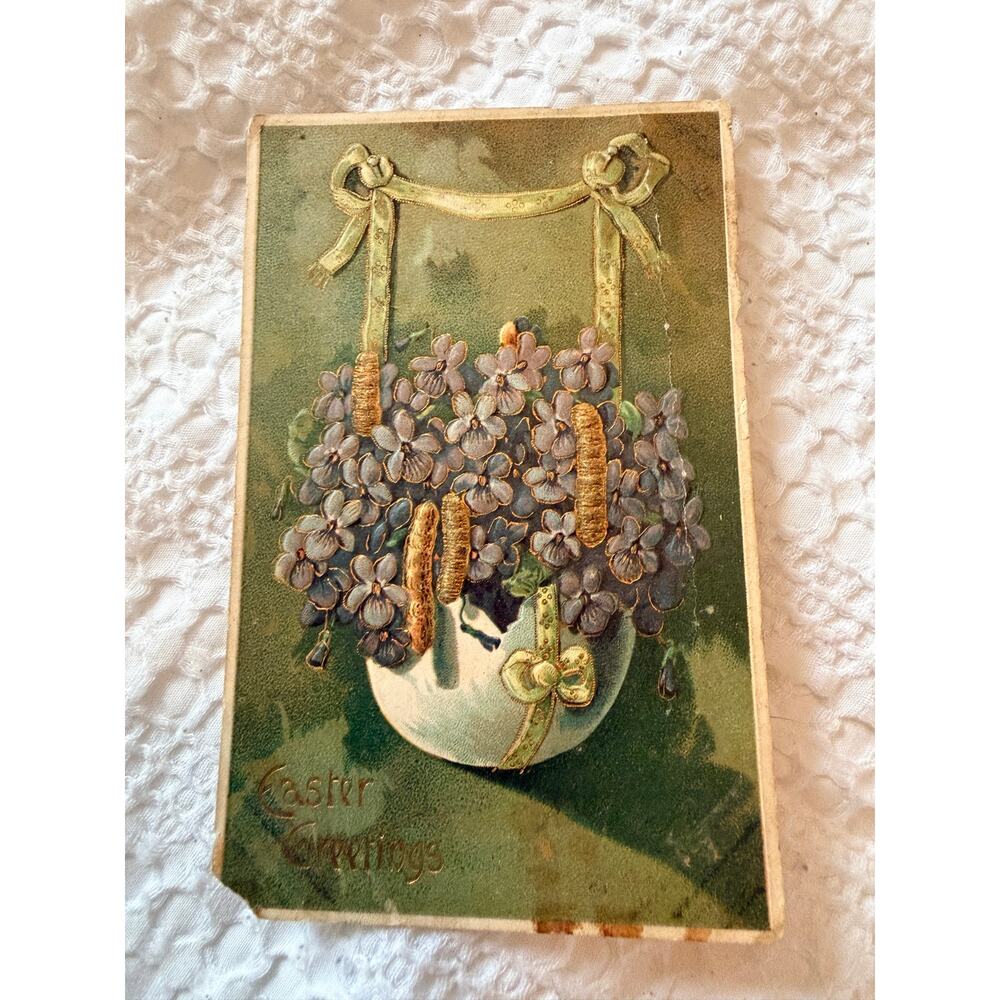 Antique Embossed Postcard Stamped 1909 Flower Ribbon Easter Greeting 117 Yrs Old